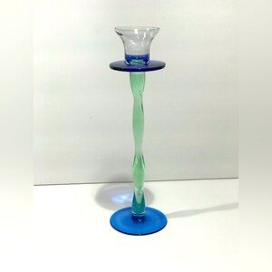 Vintage 1990’s Swedish Green Blue Hand Blow Glass Candlestick Holder 9.5”